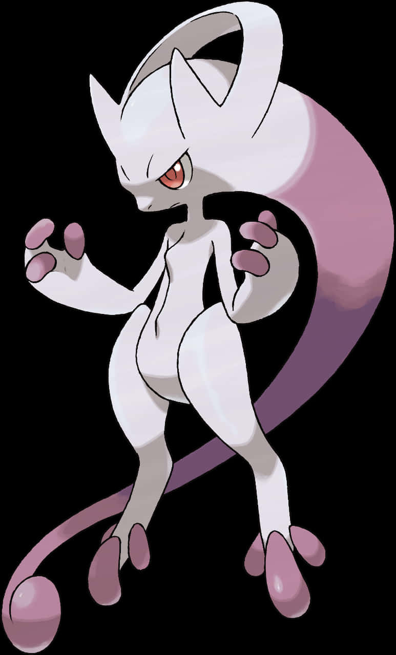 寶可夢 Mewtwo 人物 壁紙 — 一隻光滑的白色和紫色超夢在黑色背景前擺好姿勢，眼睛發紅光，尾巴彎曲。