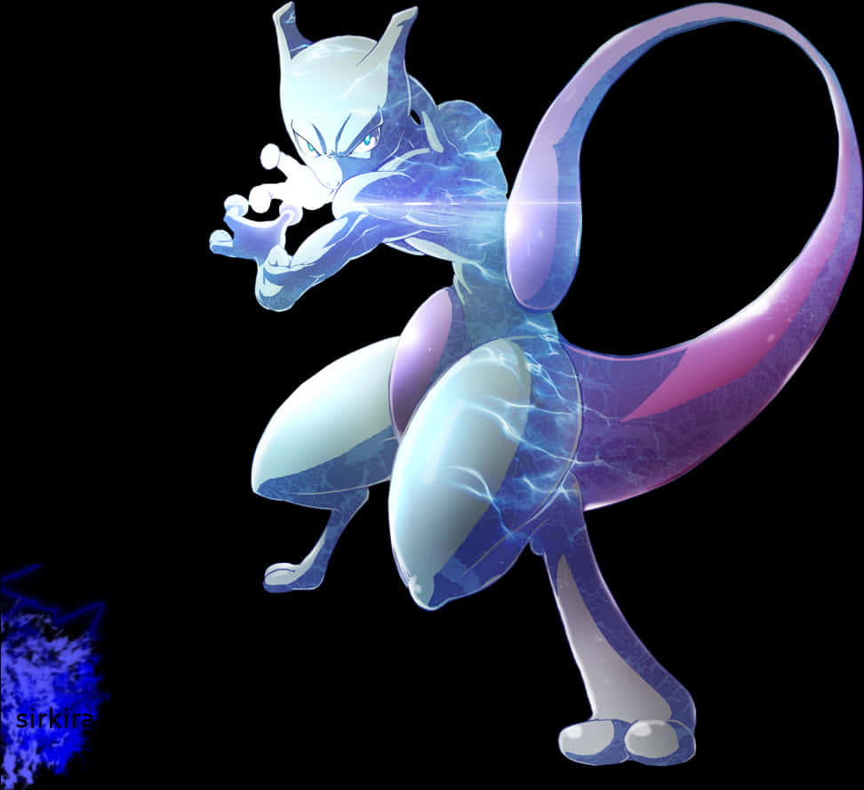 Mewtwo 魅力姿勢 壁紙 — 發光的藍色和紫色超夢在黑色背景上擺出姿勢，能量在拳頭周圍噼啪作響。