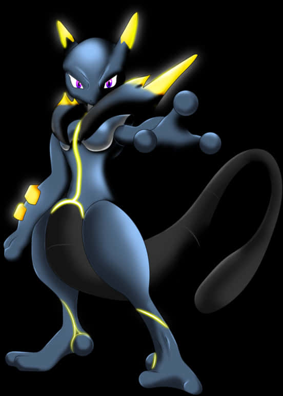 Mewtwo 力量姿勢 壁紙 — 一隻光滑深藍色的超夢，帶有發光的黃色點綴和紫色眼睛，在黑色背景前擺出強有力的姿勢。
