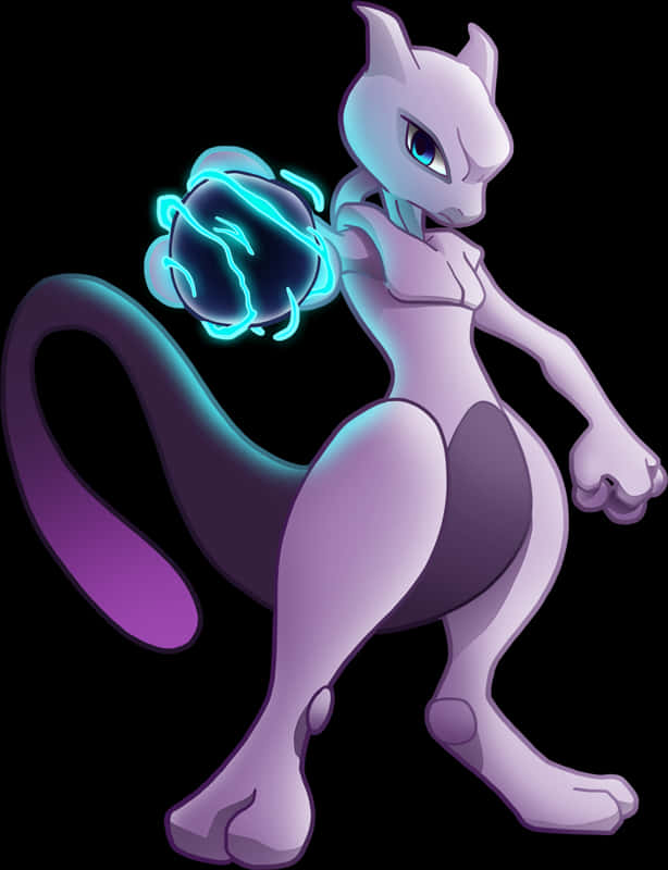強大的念力寶可夢Mewtwo 壁紙 — 一隻雄偉的紫色超夢站在黑色背景前，緊握的拳頭周圍閃爍著藍色能量。