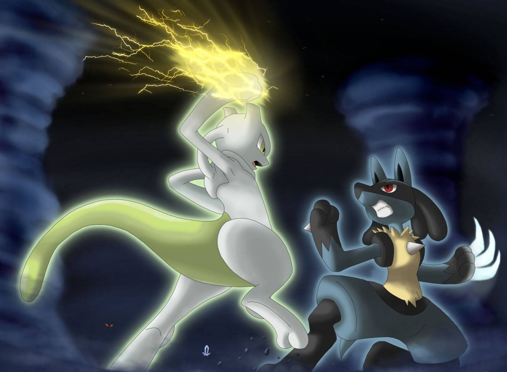 Mewtwo vs Lucario：爭奪霸權之戰 壁紙 — 一隻發光的白色貓寶可夢在暴風雨的夜晚戰鬥中向一隻深藍色狗寶可夢釋放黃色閃電。