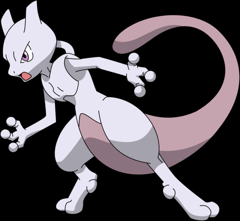 Mewtwo 寵物小精靈角色 壁紙 — 一個動漫風格嘅超夢夢以蹲伏戰鬥姿勢對住黑色背景。
