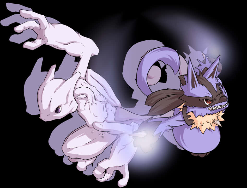 Mewtwo與Mega Mewtwo X 壁紙 — 一隻白色超夢和一隻紫色超夢在黑暗背景中動態碰撞，帶有發光能量效果。