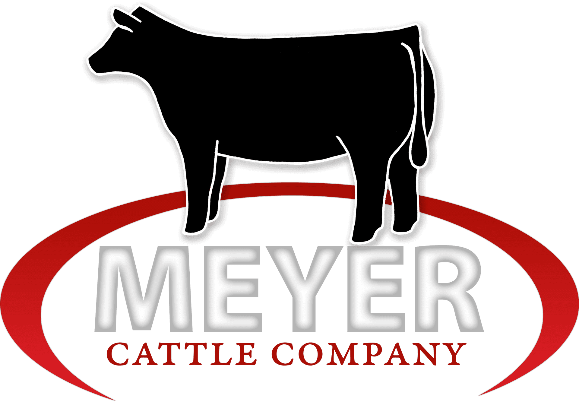 Meyer牛隻公司標誌 壁紙 — 黑色背景上，銀色和紅色的文字「MEYER CATTLE COMPANY」上方，有一隻站立牛的粗體白色輪廓。