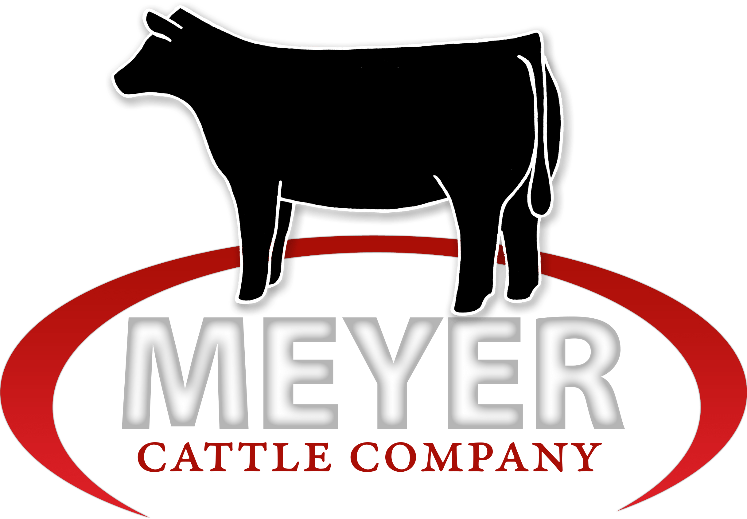 Meyer牛隻公司標誌 壁紙 — 黑色背景上，銀色和紅色的文字「MEYER CATTLE COMPANY」上方，有一隻站立牛的粗體白色輪廓。