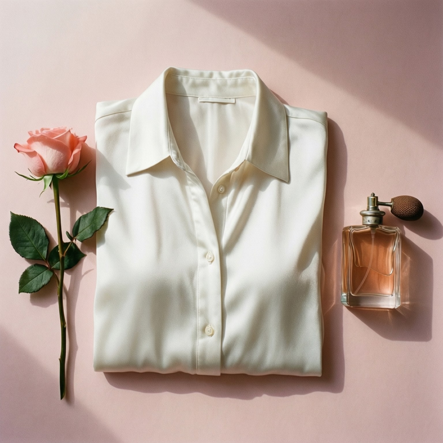 Silk Blouse and Rose 壁紙 — 一件整齊摺疊的米白色襯衫放在粉紅色玫瑰和復古香水瓶旁邊，置於沐浴在溫暖陽光下的柔軟粉紅色表面上。