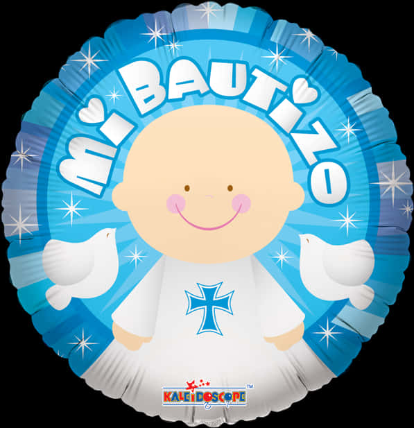 Mi Bautizo 洗禮慶祝氣球 壁紙 — 一個快樂的卡通嬰兒穿著白色洗禮袍，帶有藍色十字架和兩隻鴿子，在閃閃發光的藍色箔氣球上。