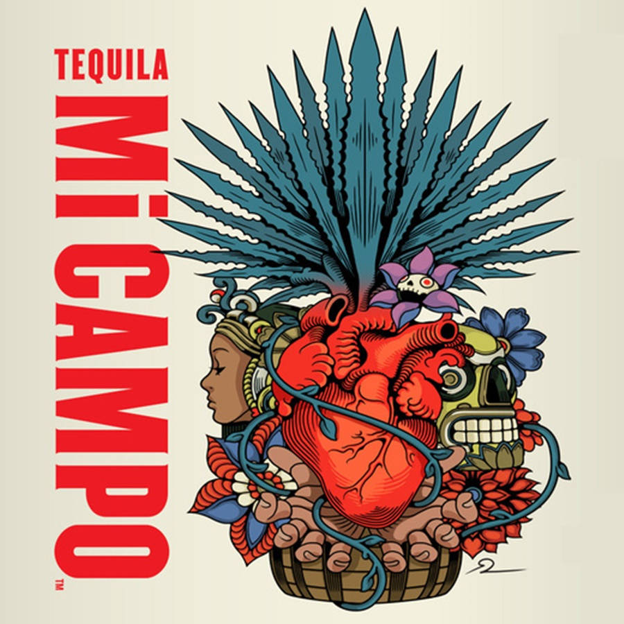 Tequila Mi Campo 標誌，以鮮豔色彩呈現心臟、龍舌蘭和頭骨。