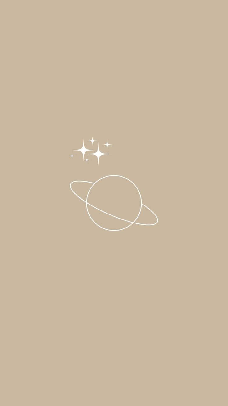  壁紙 — 米色背景上，土星帶有光環和閃爍星星的簡約白色線條畫。