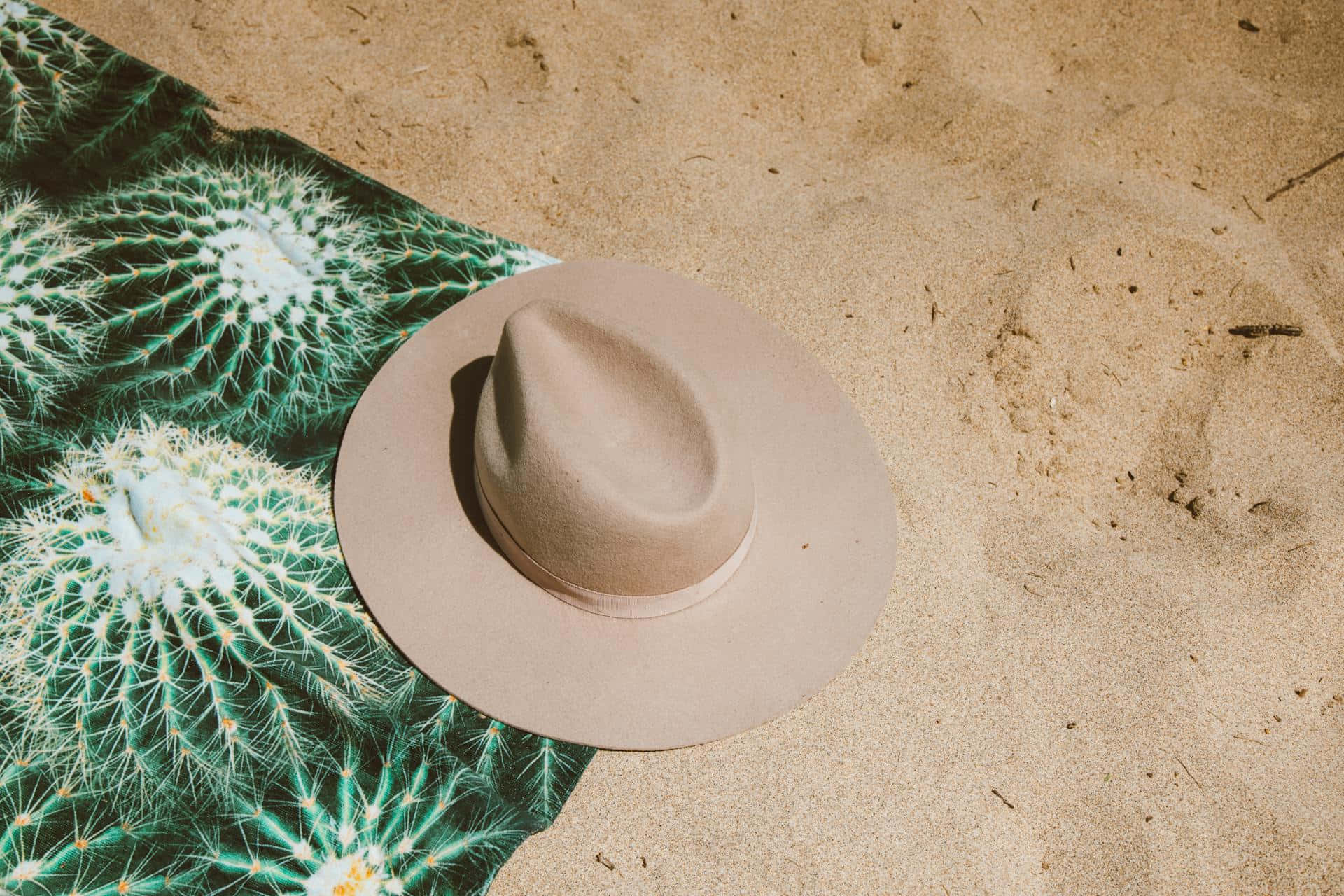  壁紙 — 一頂米色寬邊帽擱在沙地上，旁邊是一張充滿活力的綠色仙人掌圖案毛氈，在明亮的陽光下。