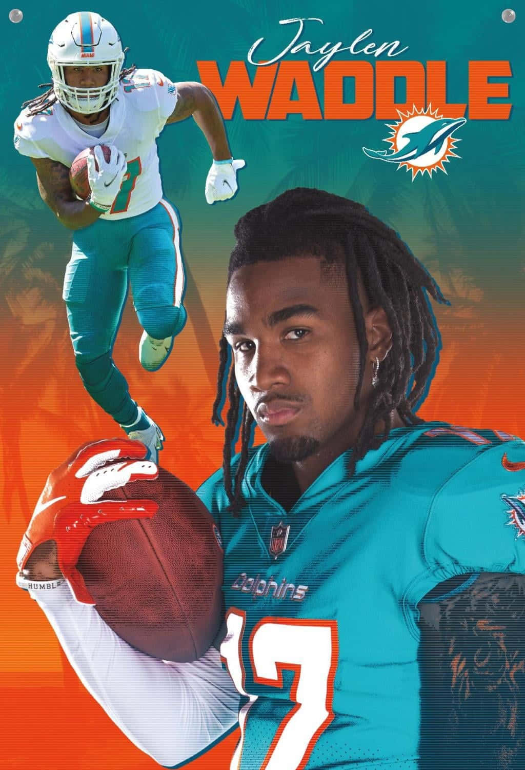 Jaylen Waddle邁阿密海豚隊美式足球員身穿青綠色制服持球。 — 邁阿密海豚 GIF 壁紙