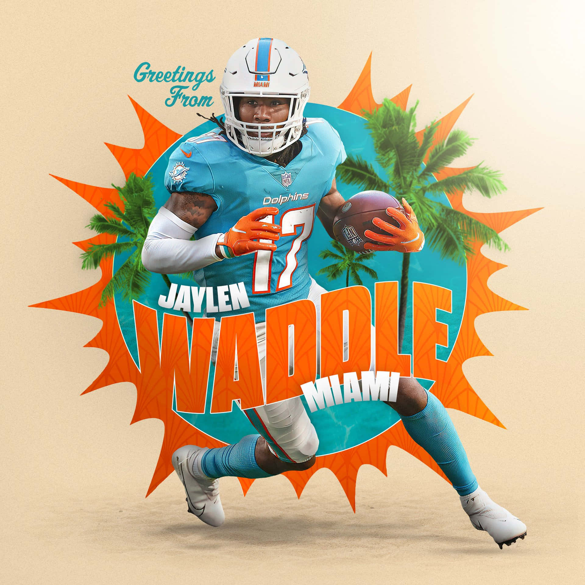身穿邁阿密海豚隊球衣的美式足球員Jaylen Waddle手持橄欖球奔跑。 — 邁阿密海豚 GIF 壁紙