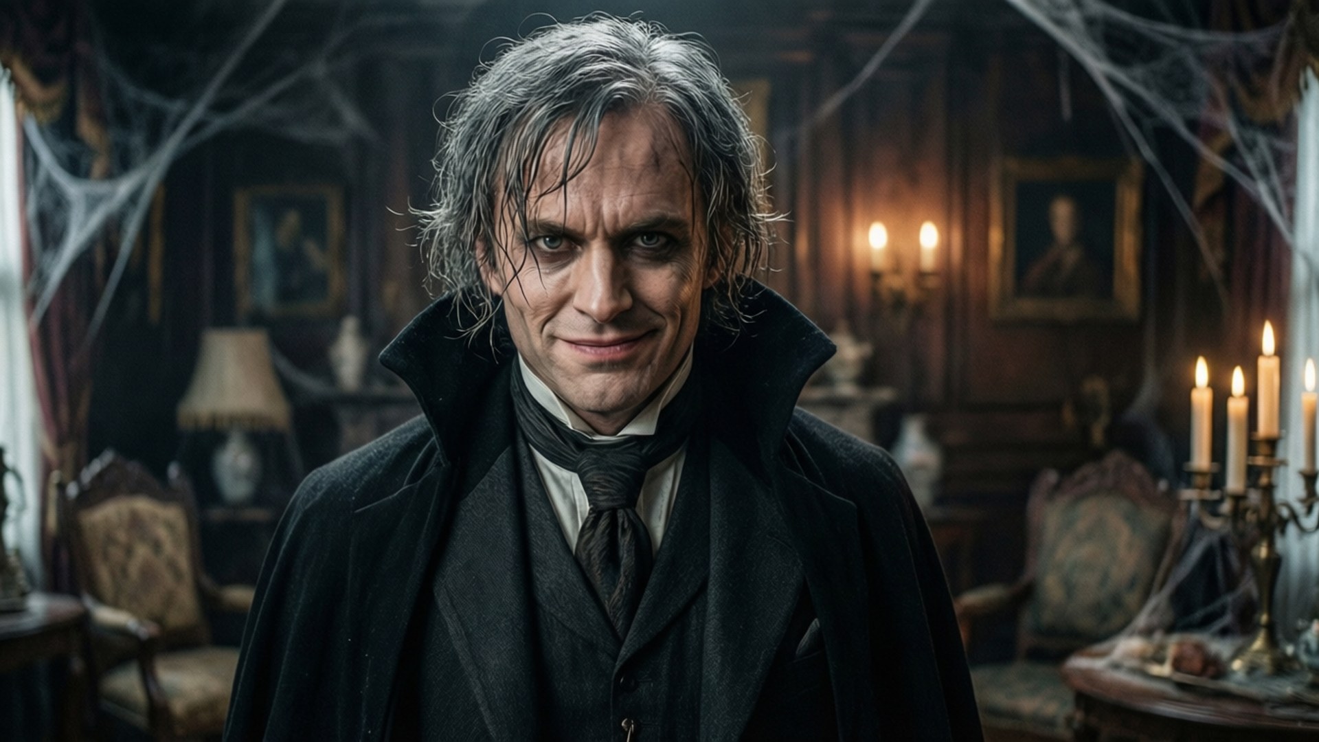 Count Olaf Villainy 壁紙 — 一個面色蒼白、灰白亂髮、露出陰險笑容的男人，站在燭光閃爍、蜘蛛網密佈的維多利亞式大宅中。