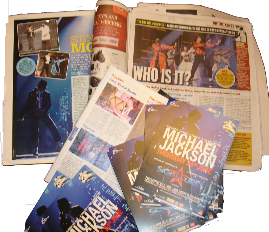 Michael Jackson 紀念品收藏 壁紙 — 米高積遜紀念品的拼貼畫，包括雜誌和傳單，展示了他標誌性的舞台表演和致敬活動。