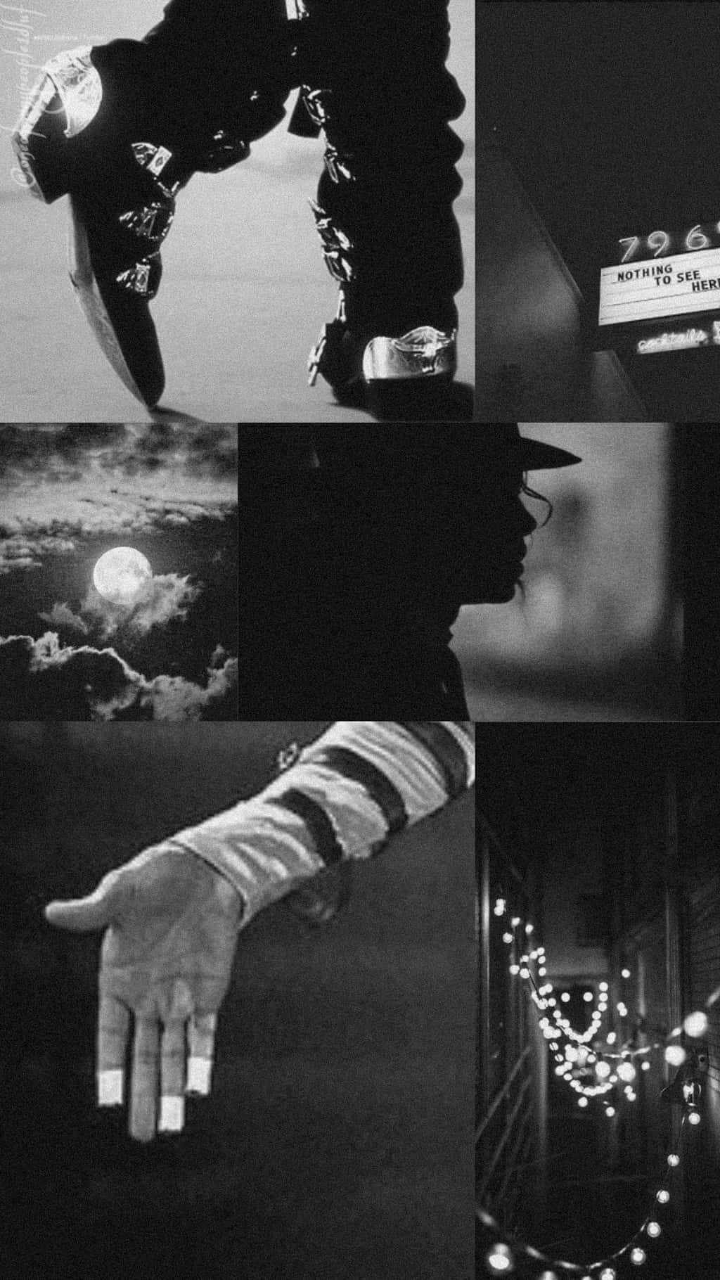 《Michael Jackson》登陸你的iPhone 壁紙 — 米高積遜標誌性時刻的黑白拼貼，包括月光下的剪影、舞鞋和發光的燈串。