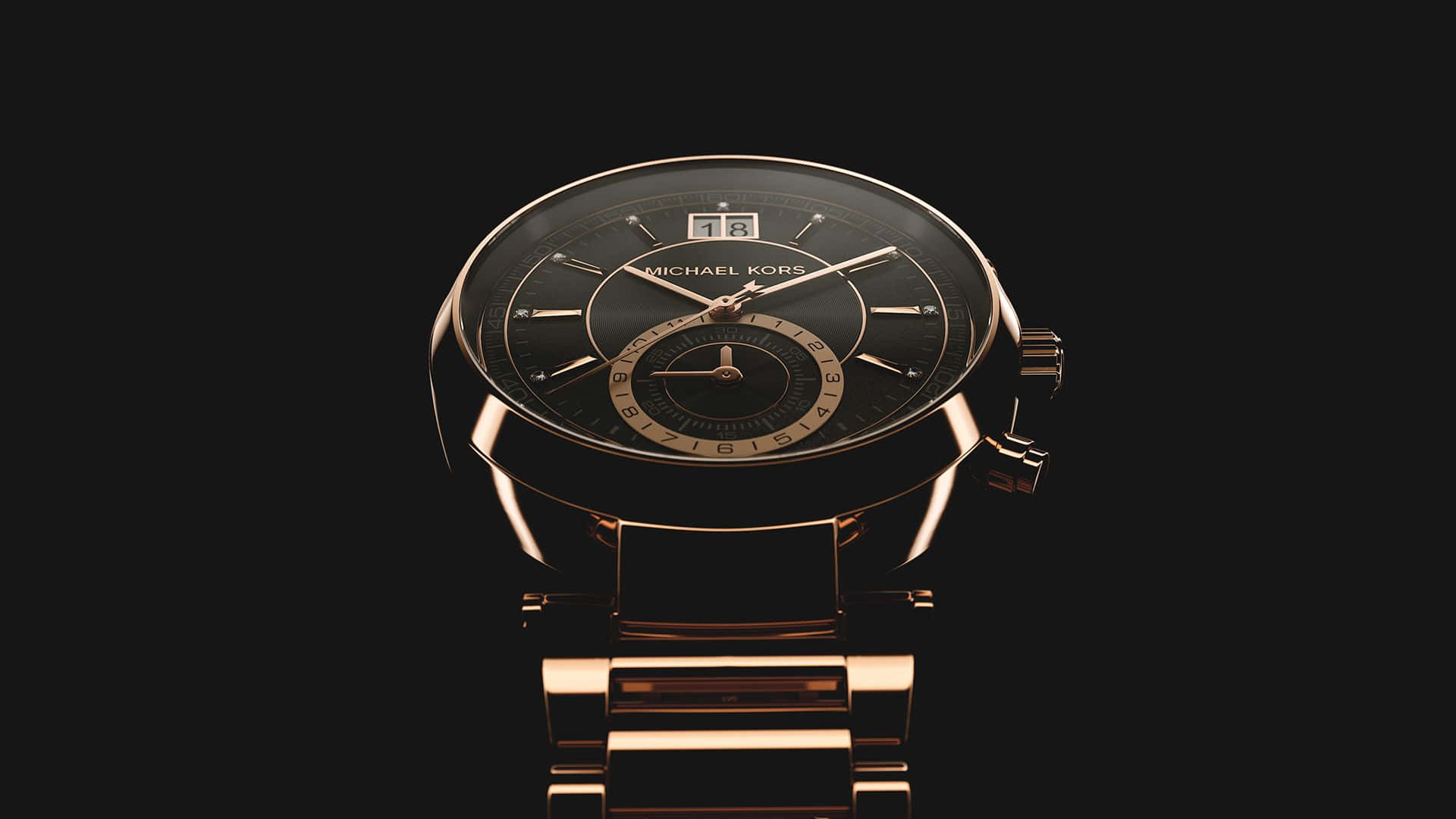 為你的紅毯活動準備 Michael Kors 壁紙 — 一隻時尚的玫瑰金色Michael Kors手錶，配備黑色錶盤和日期顯示，在純黑色背景上閃耀。