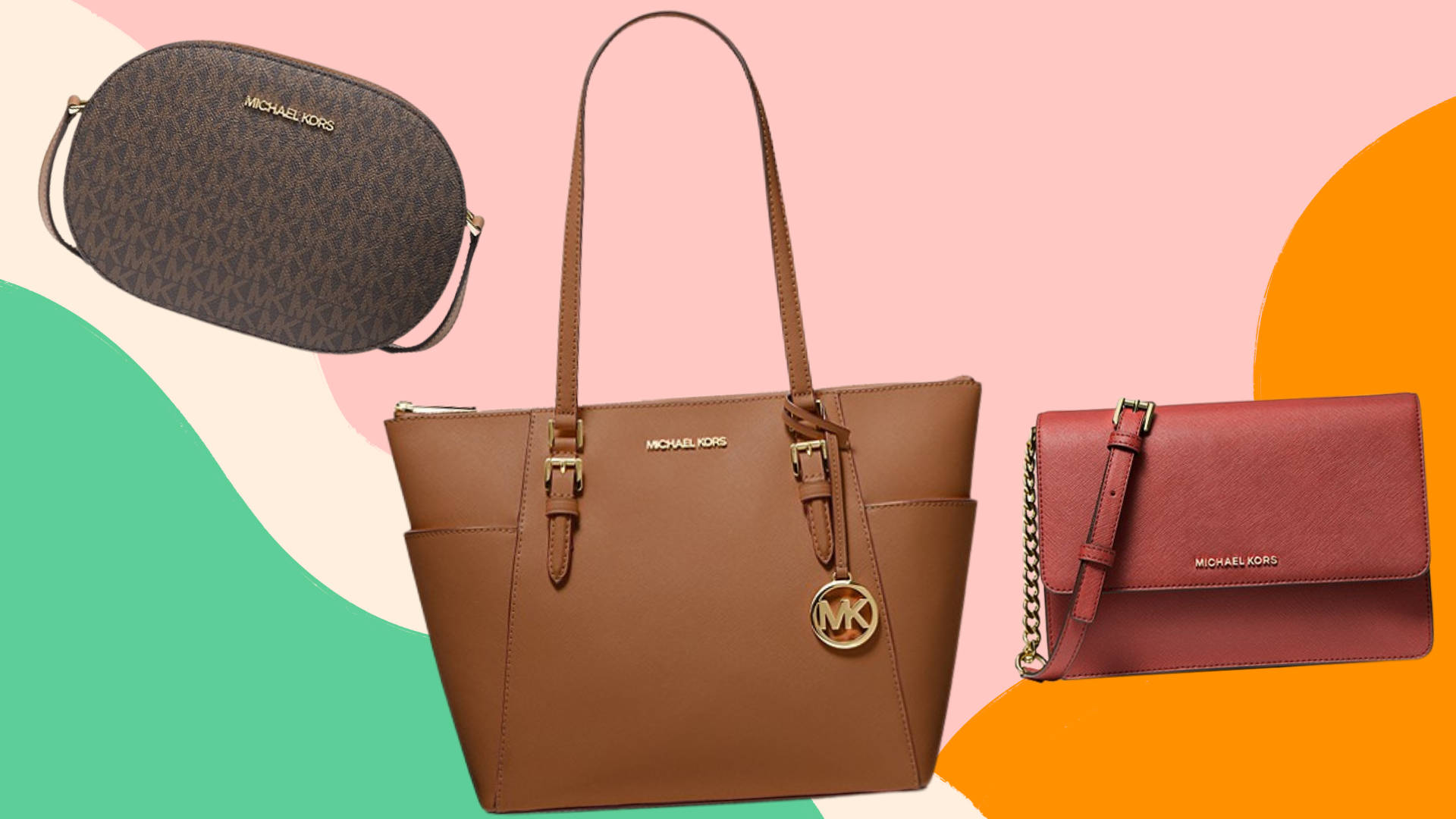 Michael Kors 多款手袋設計 壁紙 — 三個棕色、紅色和酒紅色的Michael Kors手袋，展示在色彩繽紛的抽象背景前。