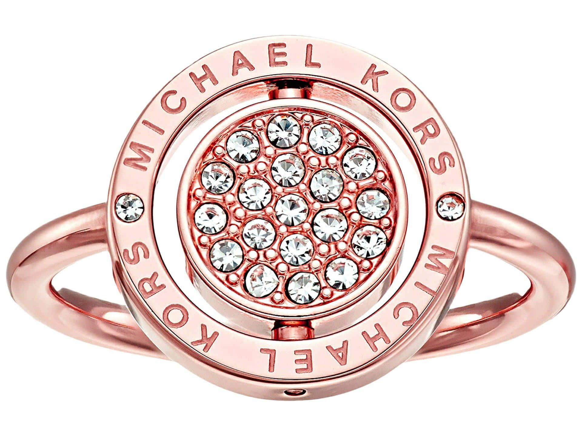 玫瑰金色Michael Kors戒指，飾有水晶和品牌名稱。