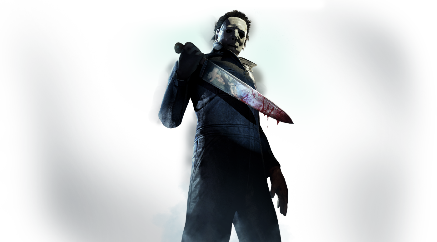 死神來了：Michael Myers 壁紙 — 一個穿著深色連身衣的威脅性蒙面人物，在強烈的聚光燈下，手持一把血淋淋的刀，背景陰暗。