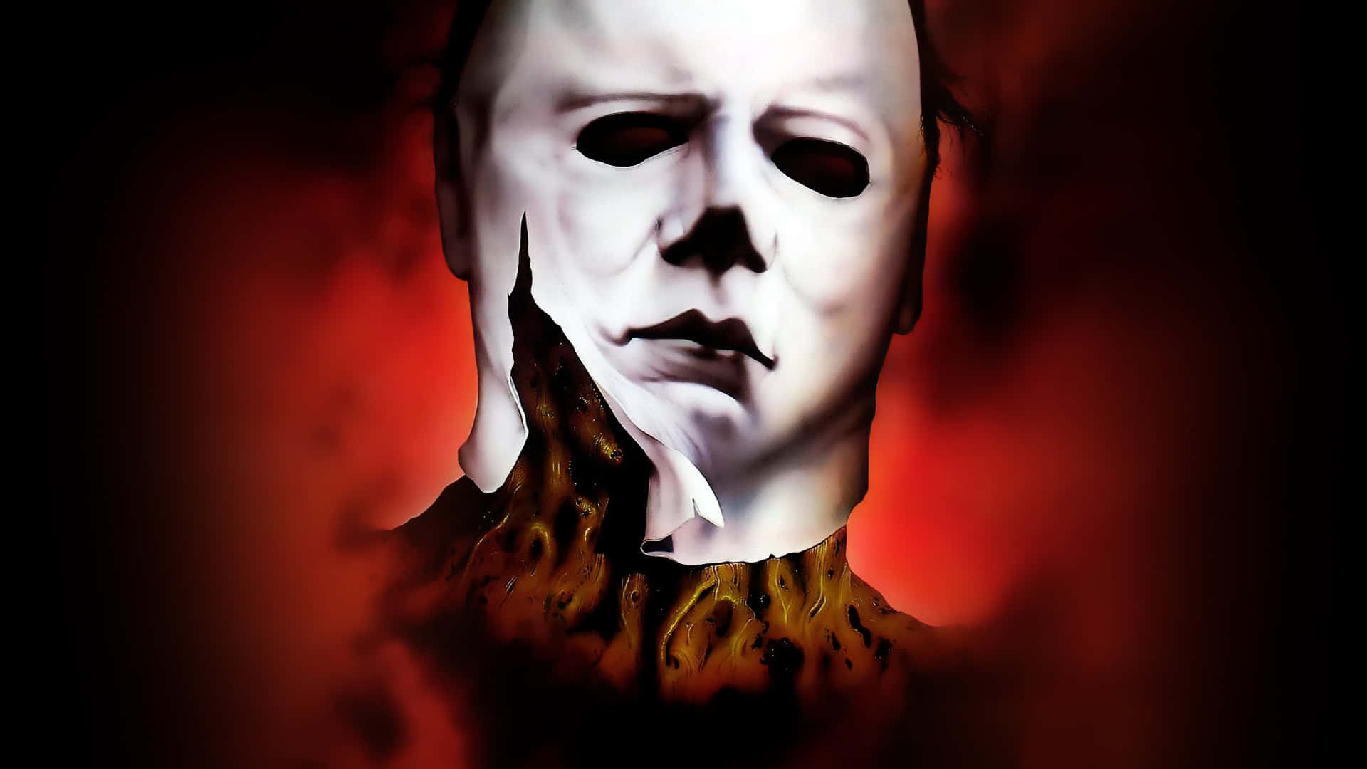 米高邁亞斯 桌布 壁紙 — Michael Myers 嘅恐怖特寫，戴住撕裂嘅白色面具，背景係火紅一片。