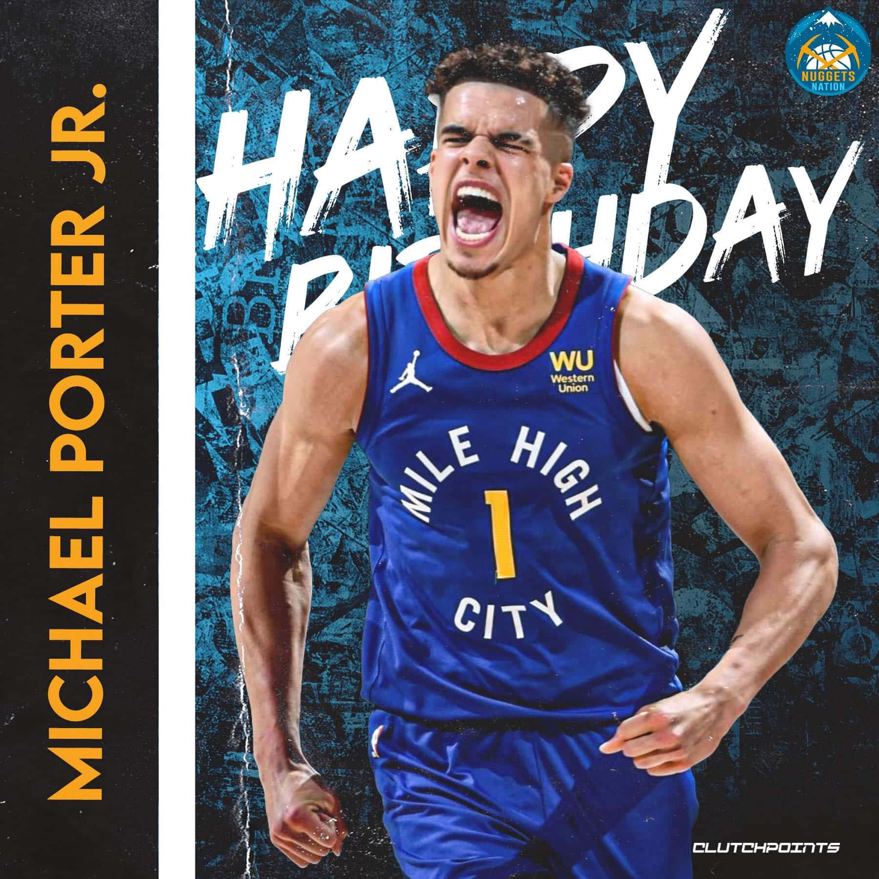 Michael Porter Jr. 生日快樂向量藝術 壁紙 — Michael Porter Jr. 身穿丹佛金塊隊球衣，在塗鴉風格的生日背景前咆哮。