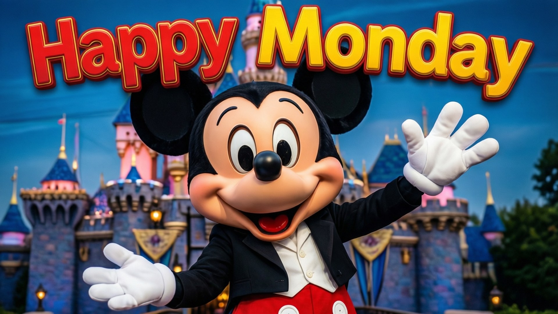 米奇老鼠喺城堡前揮手，上面有 'Happy Monday' 文字。