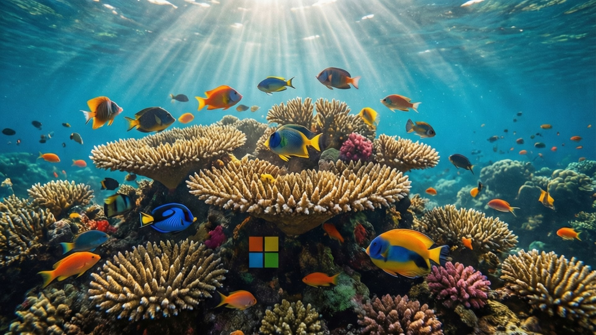 色彩繽紛的魚兒在珊瑚礁間游動，陽光和Microsoft標誌清晰可見。