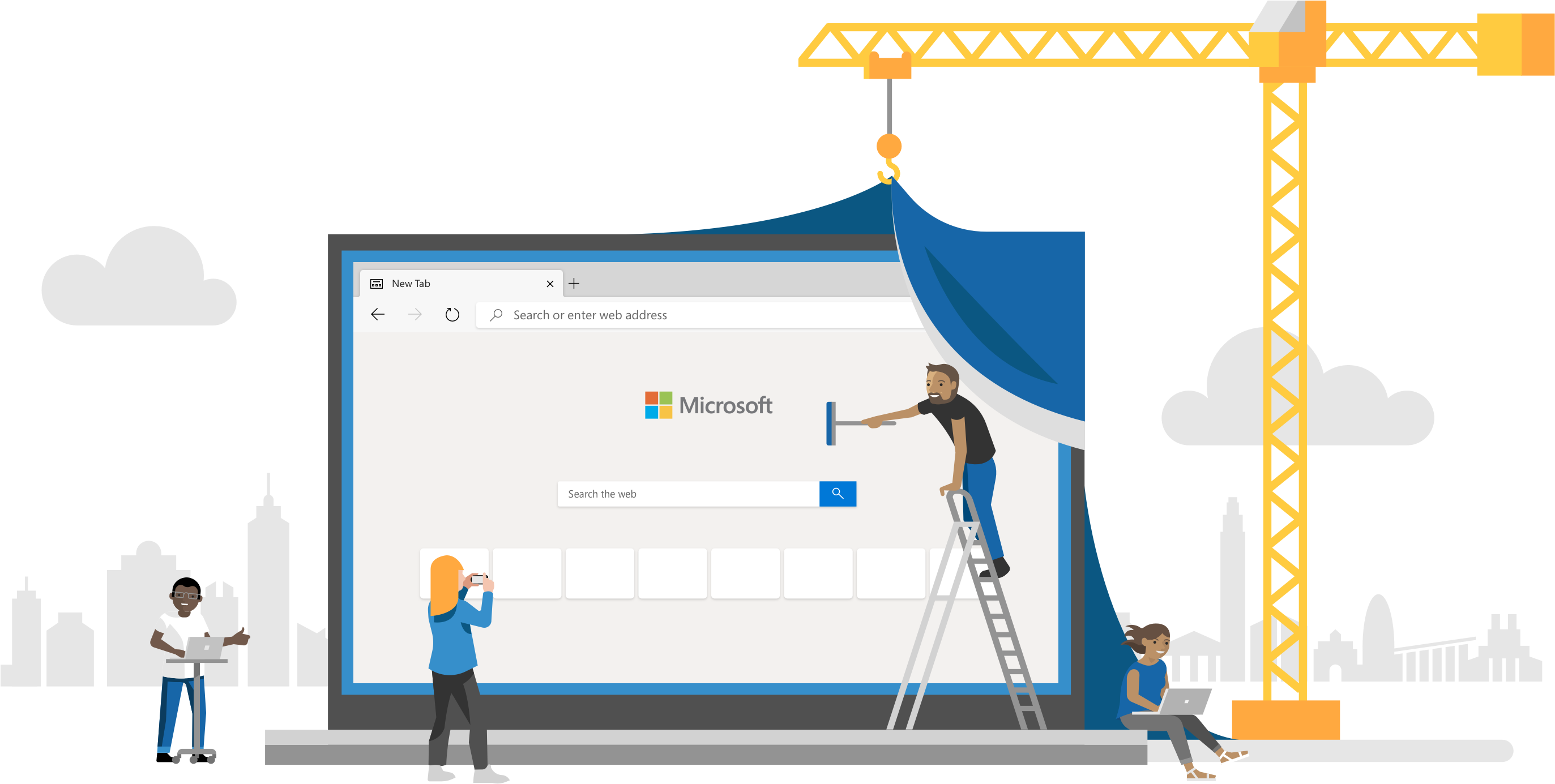 Microsoft Edge 瀏覽器建設插畫 壁紙 — 插圖中的工人用起重機在城市天際線前揭開一個巨大的 Microsoft Edge 瀏覽器視窗。