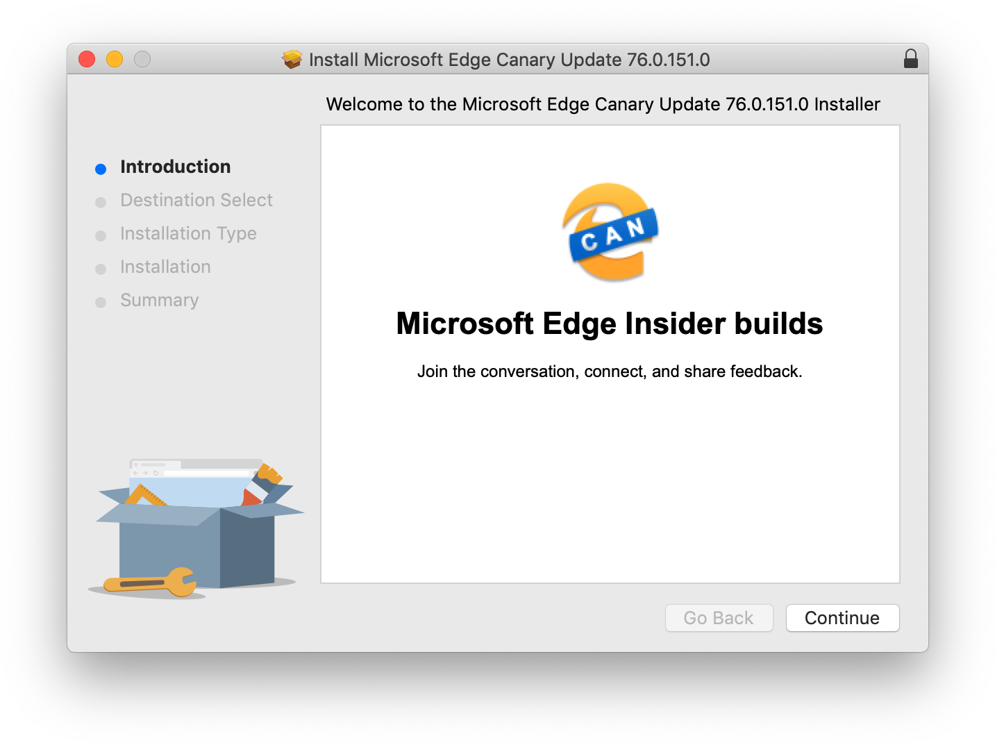 Microsoft Edge Canary更新安裝介面 壁紙 — 一個 macOS 安裝程式視窗，用於 Microsoft Edge Canary 更新 76.0.151.0，附有卡通盒子和扳手插圖。