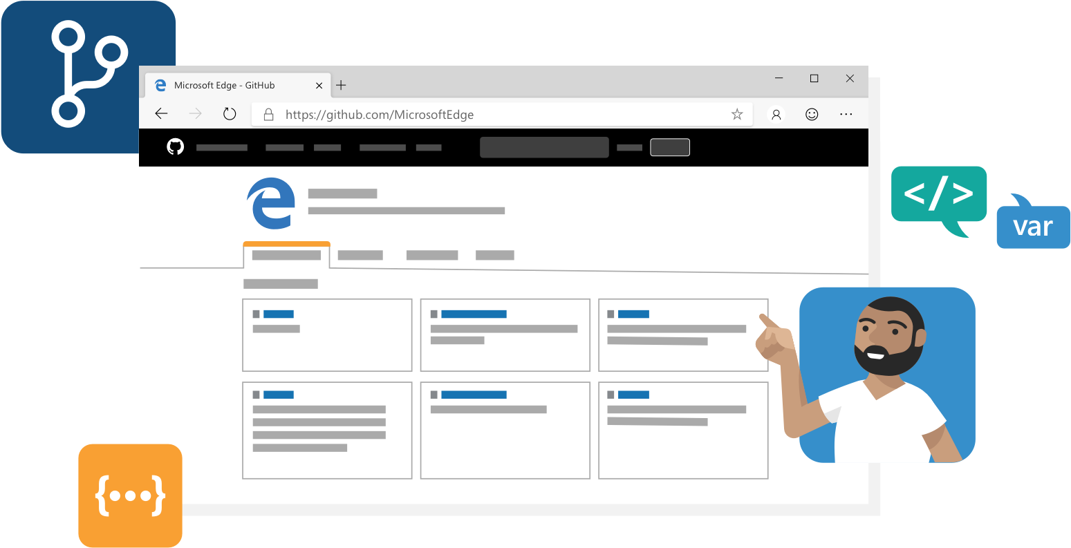 Microsoft Edge GitHub簡報插畫 壁紙 — 一個風格化的插圖，顯示開發人員指向 Microsoft Edge 的 GitHub 頁面，周圍漂浮著編碼符號。