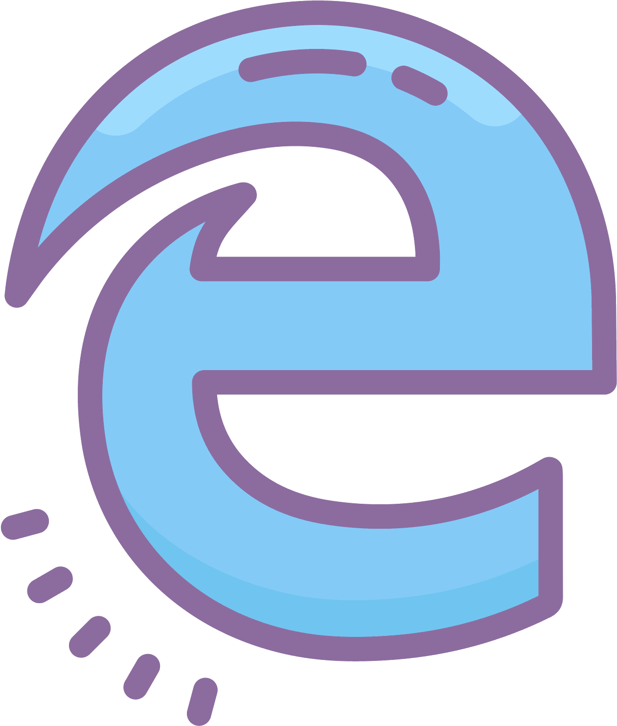 Microsoft Edge瀏覽器圖標 壁紙 — 一個風格化的藍色字母 e，帶有紫色輪廓和漸變陰影，背景為黑色。