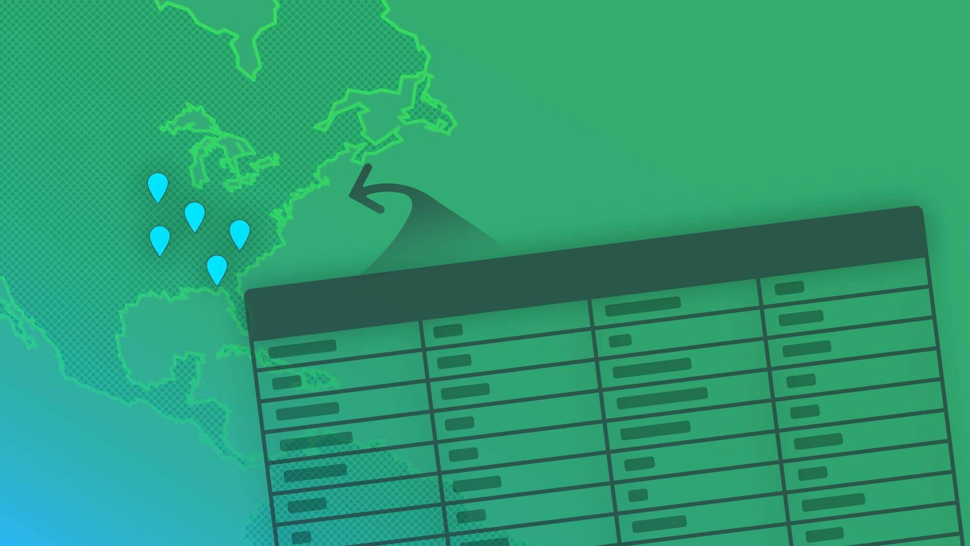 Microsoft Excel 資料表 壁紙 — 一個風格化的北美綠色地圖，帶有藍色位置圖釘和指向數據表格的彎曲箭頭。