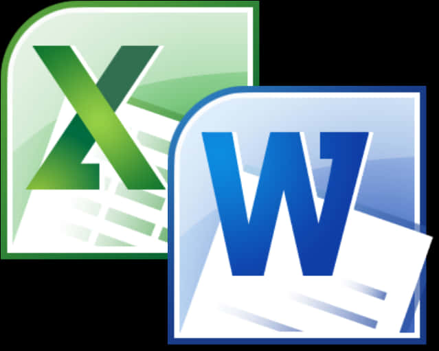 Microsoft Excel 與 Word 標誌 壁紙 — 綠色 Excel 和藍色 Word 圖示在帶有微妙漸變效果的黑色背景上重疊。