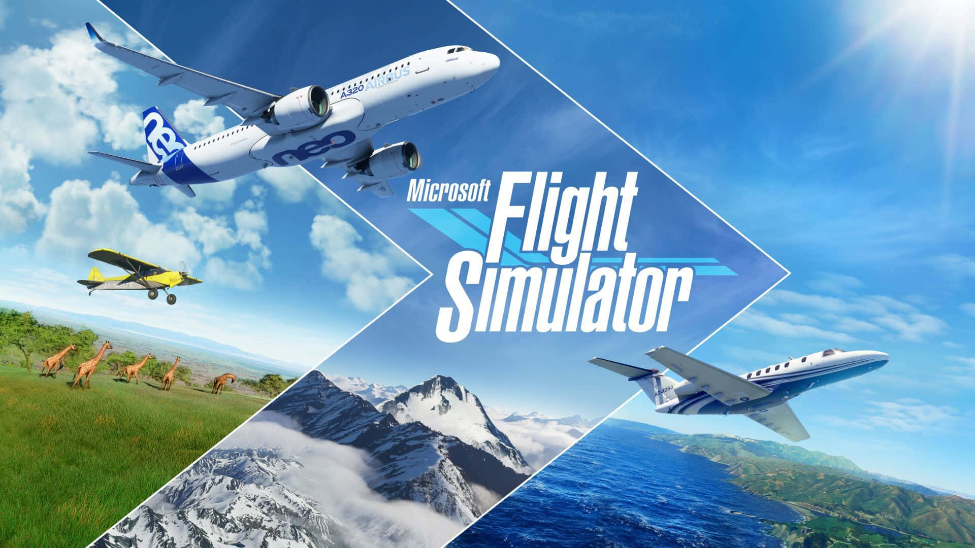 Microsoft Flight Simulator 駕駛艙中的天空景觀 壁紙 — Microsoft Flight Simulator 的鮮明宣傳圖片，展示三架飛機飛越多樣化的景觀，包括稀樹草原、長頸鹿、山脈和海洋。