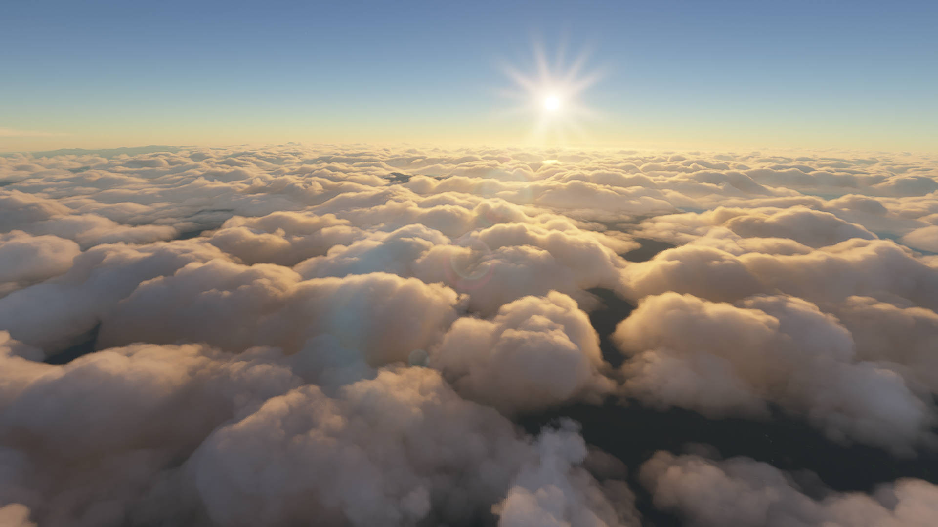 Microsoft Flight Simulator 多雲天空 壁紙 — 從空中視角看，日出溫暖地照耀在無盡的蓬鬆雲層上。