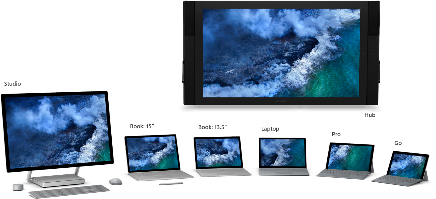 Microsoft 設備系列 壁紙 — 多個 Microsoft Surface 裝置在黑色背景上顯示動態海浪桌布。