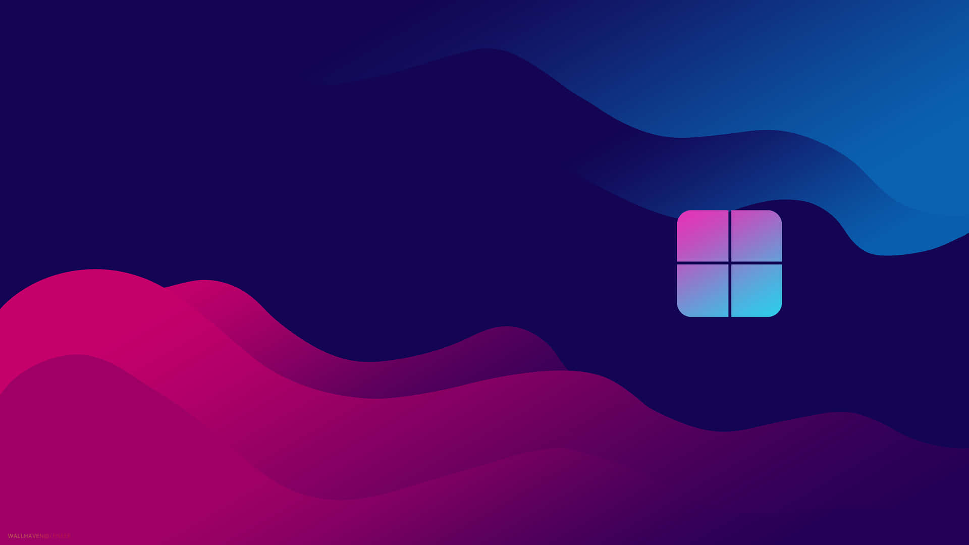 Microsoft 標誌在藍色和洋紅色的波浪漸變背景上。