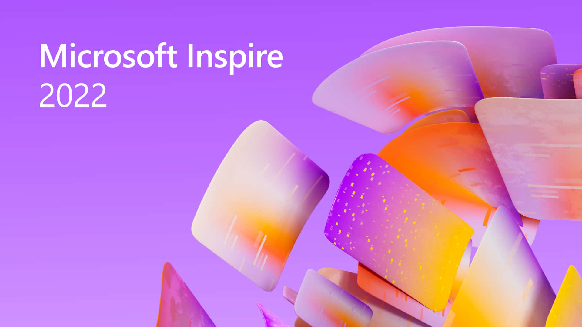 Microsoft — 賦能全球每一個人 壁紙 — 充滿活力的抽象數位形狀，以紫色、橙色和黃色動態漂浮在漸變紫色背景上，帶有 Microsoft Inspire 2022 文字。