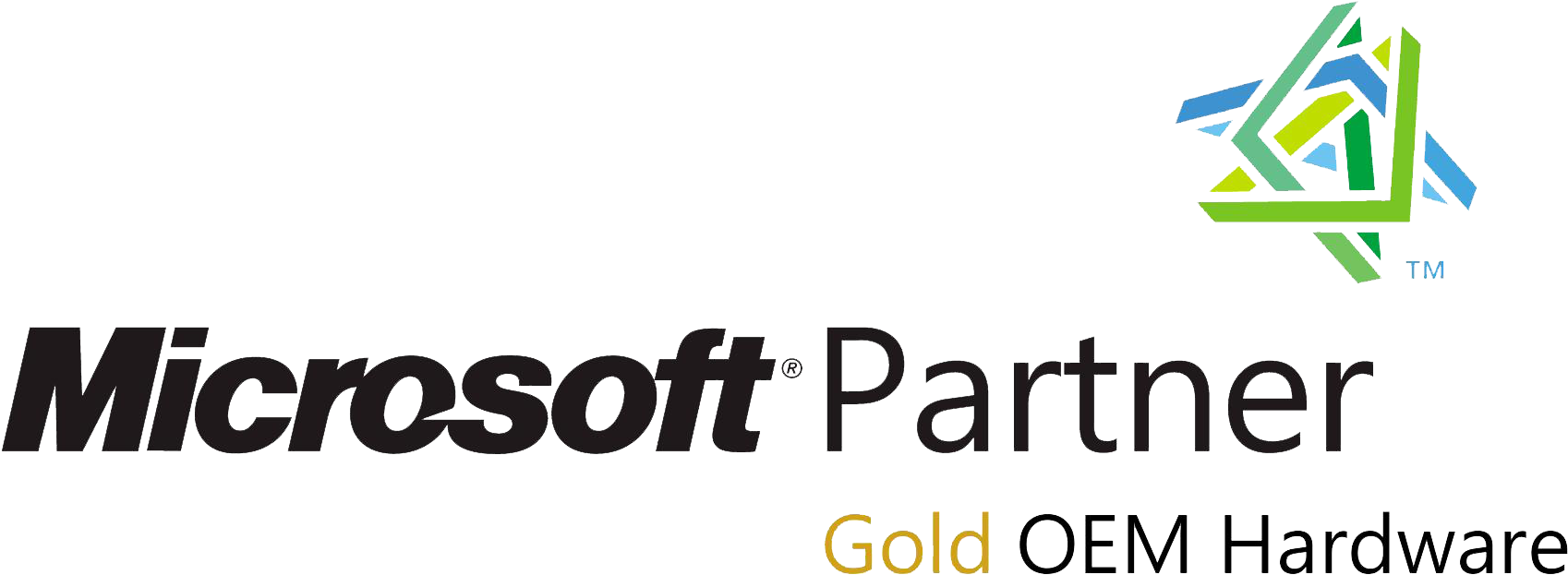 Microsoft 合作夥伴金牌 OEM 硬體標誌 壁紙 — 黑色背景，帶有灰色和金色文字的 Microsoft Partner Gold OEM Hardware 標誌，以及色彩繽紛的幾何徽章。
