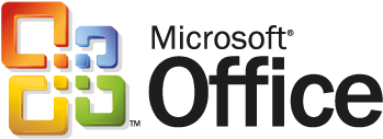 Microsoft Office標誌 壁紙 — Microsoft Office 標誌，帶有彩色立方體圖標和黑色背景上的灰色文字。