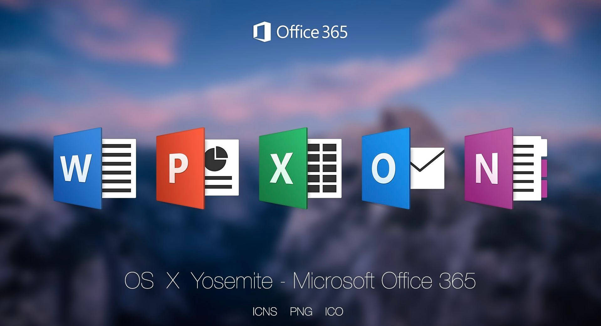 Microsoft Office 365 應用程式圖示顯示喺山脈日落背景上。