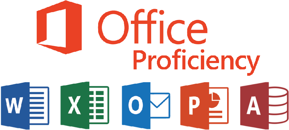 Microsoft Office精通圖示 壁紙 — 黑色背景上帶有 Word、Excel、Outlook、PowerPoint 和 Access 圖標的 Office Proficiency 標誌。