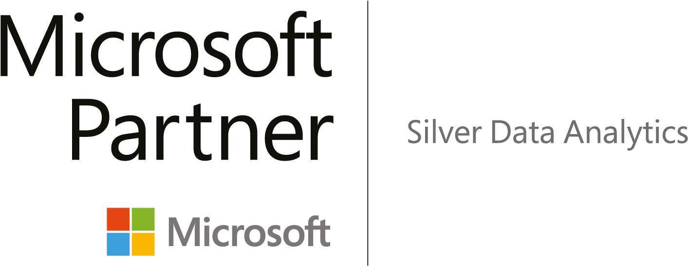 Microsoft 銀級數據分析合作夥伴徽章 壁紙 — 深色背景，Microsoft 合作夥伴和 Silver Data Analytics 文字位於 Microsoft 標誌旁邊。