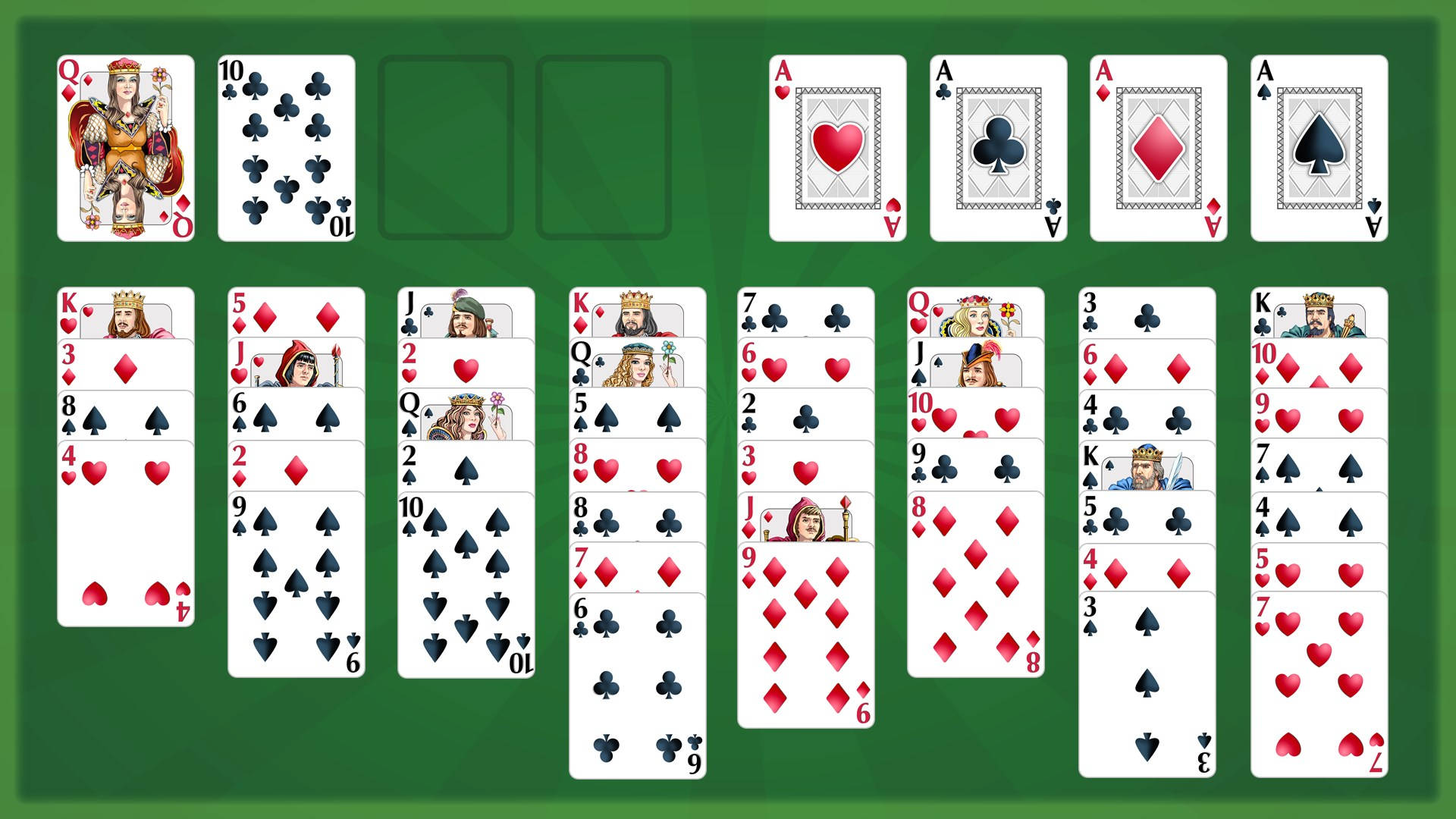 數位接龍卡牌遊戲，卡片排列在綠色毛氈桌上。