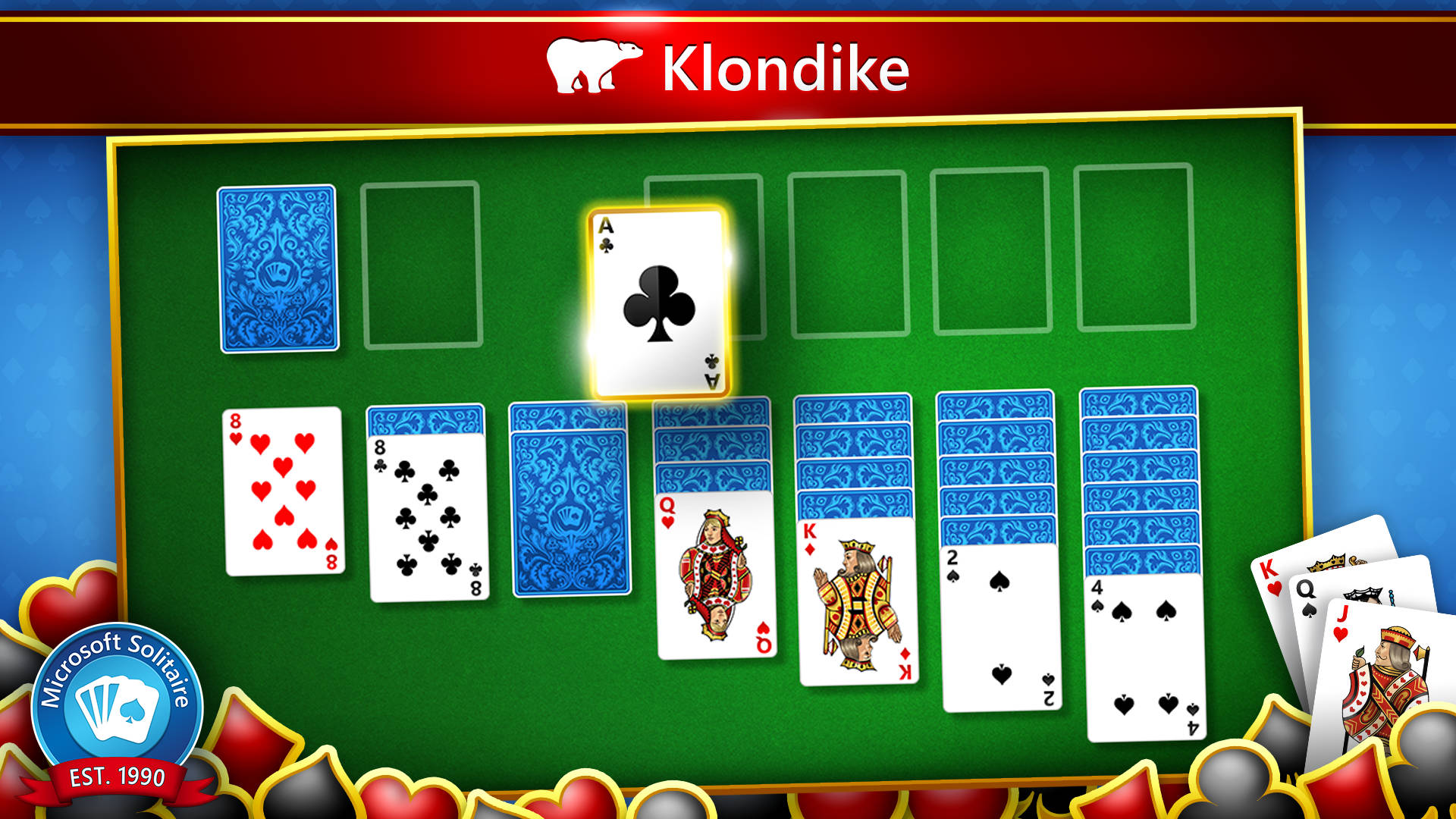 Microsoft Solitaire 克朗代克紙牌遊戲，紙牌排列在綠色桌子上。