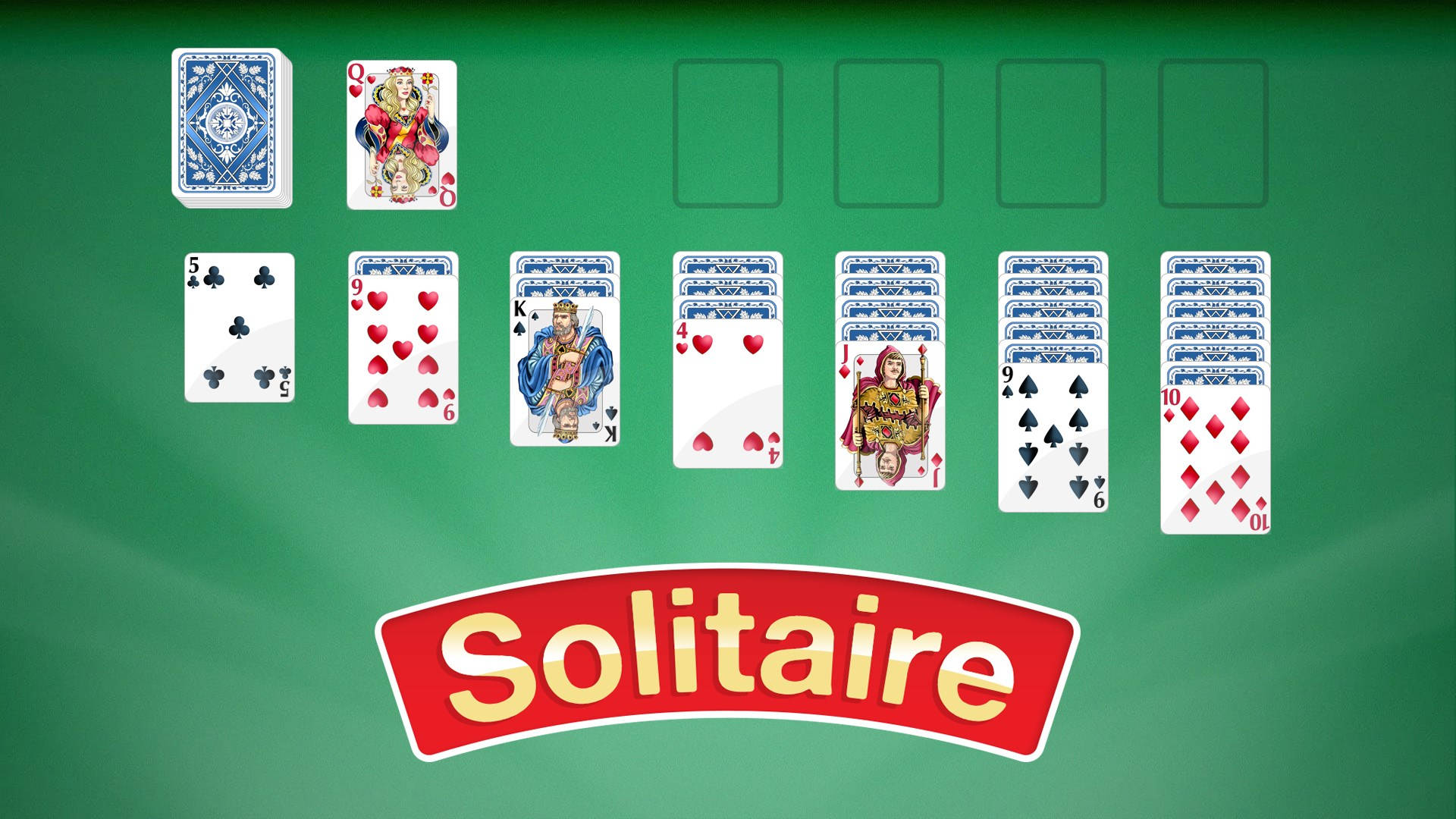 接龍紙牌遊戲，紙牌排列在綠色氈面背景上。