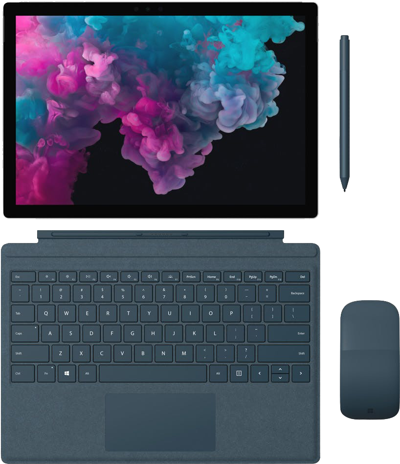 Microsoft Surface Pro搭配配件 壁紙 — 一部時尚的深灰色平板電腦，配備可分離鍵盤和觸控筆，螢幕上顯示鮮豔的粉紅色和藍綠色墨水在旋轉。