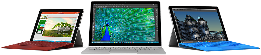 Microsoft Surface 設備系列 壁紙 — 三部 Microsoft Surface 裝置在黑色背景上展示鮮豔的桌布：樹林田野、孔雀和城市景觀。