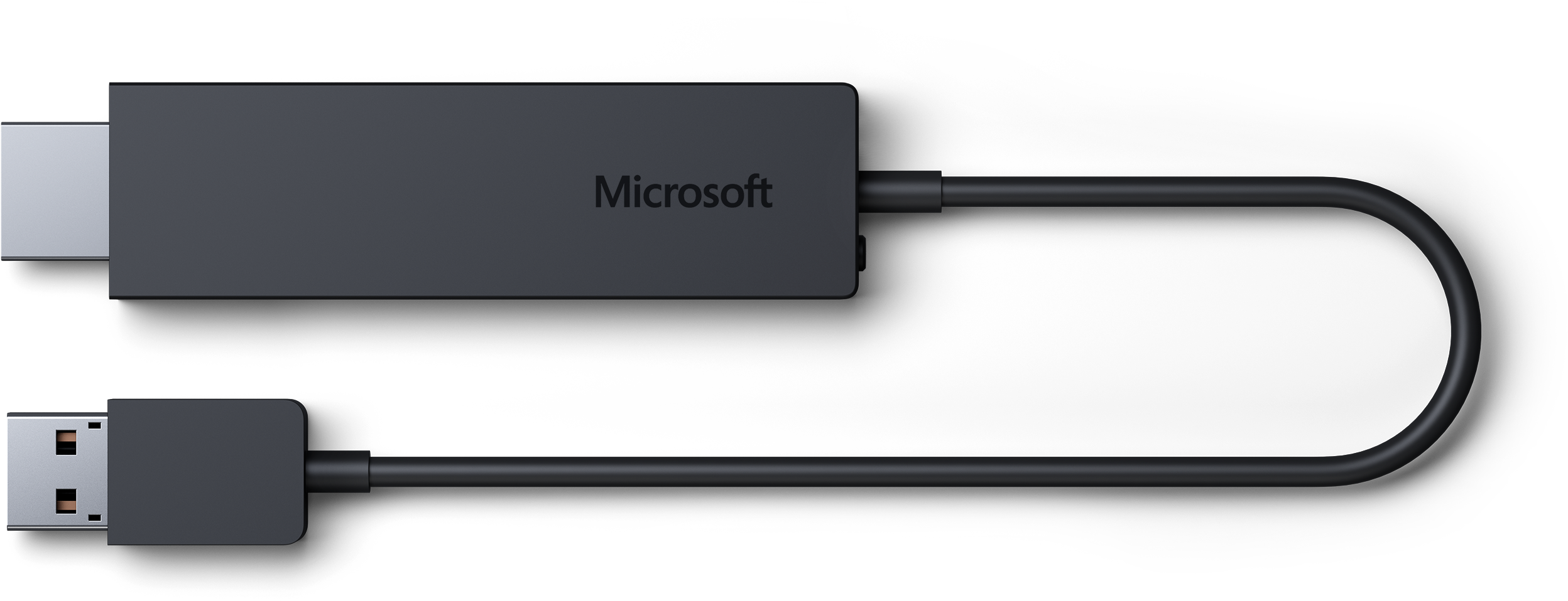 Microsoft USB串流接收器 壁紙 — 純黑色背景上，一個帶有彎曲線纜的時尚黑色Microsoft USB轉接器。