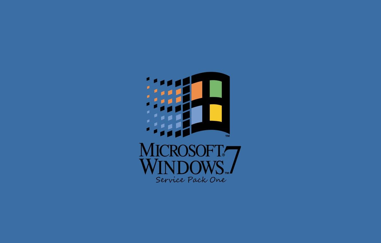 Windows 95 與 Windows 7 壁紙 — Microsoft Windows 7 Service Pack One 標誌居中於純藍色背景上。